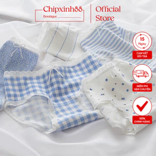 Quần Lót Nữ Cotton Dễ Thương Tông Xanh Cao Cấp Kháng Khuẩn Nhiều Họa Tiết Caro Kẻ Xinh Xắn 335