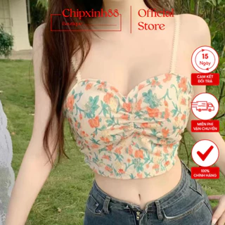 Áo Croptop hoa nhí lưng thun dáng Bra Hai Dây tạo khe Họa Tiết Hoa Phong Cách Hàn Quốc