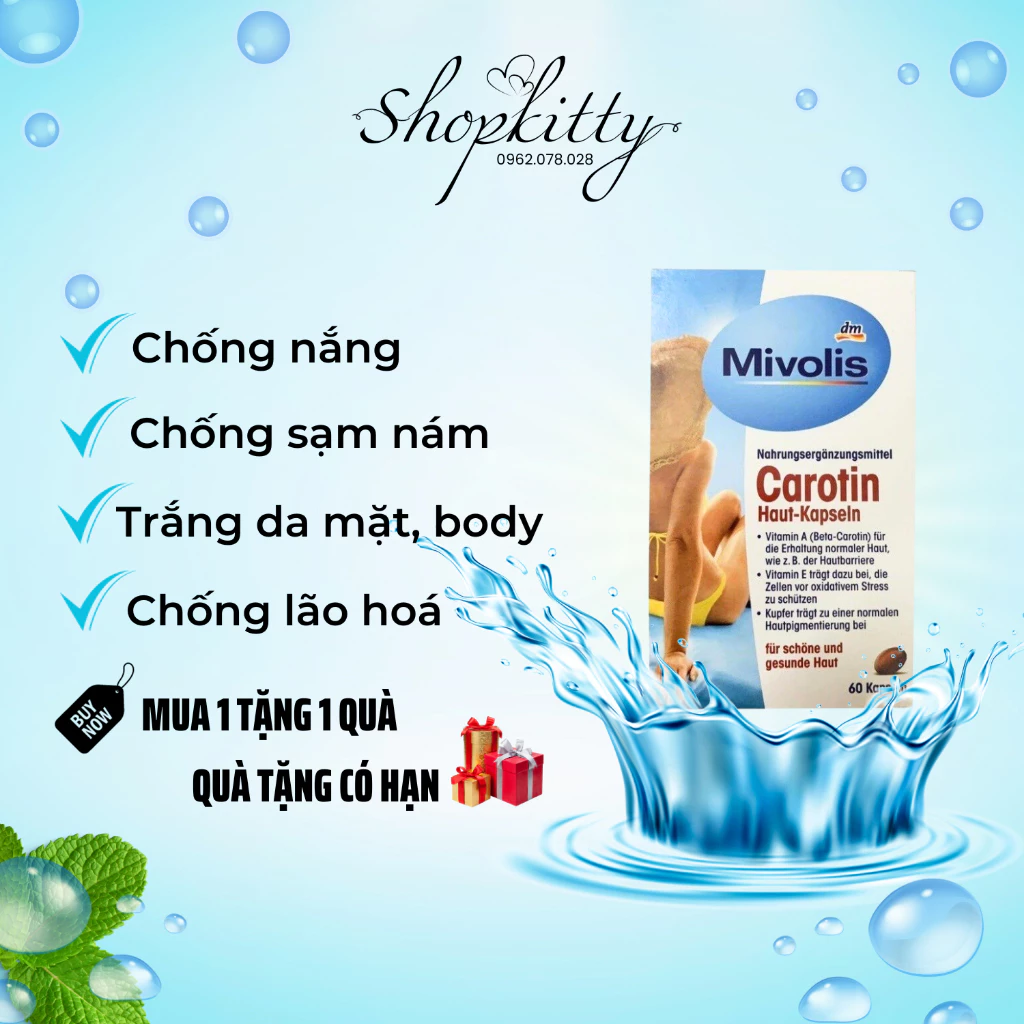 Chống nắng Mivolis Carotin viên uống chống nắng body mặt trắng da mờ thâm sản sinh collagen tái tạo da chống lão hoá