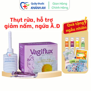 Bình thụt rửa vệ sinh phụ nữ Vagiflux gồm 1 bình rửa và 10 gói muối, tạo thành dung dịch vệ sinh rửa phụ khoa sâu