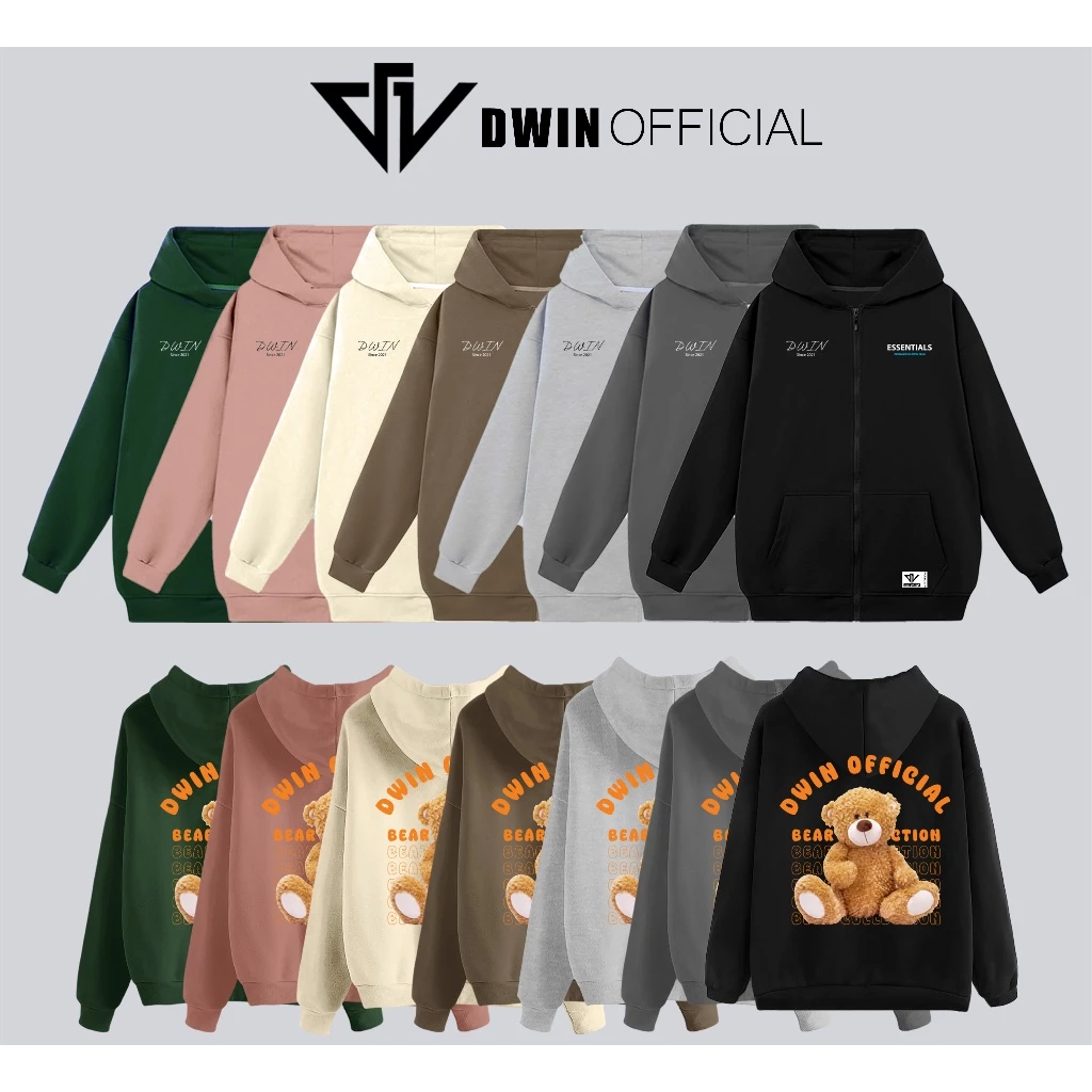 Áo khoác hoodie Bear DWIN nam nữ mũ 2 lớp nỉ bông cotton dày dặn kéo zip form rộng unisex basic local brand