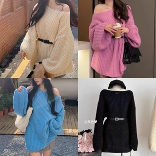 Áo len sợi oversize dáng giấu quần cổ thuyền kèm đai hàng QC freesize