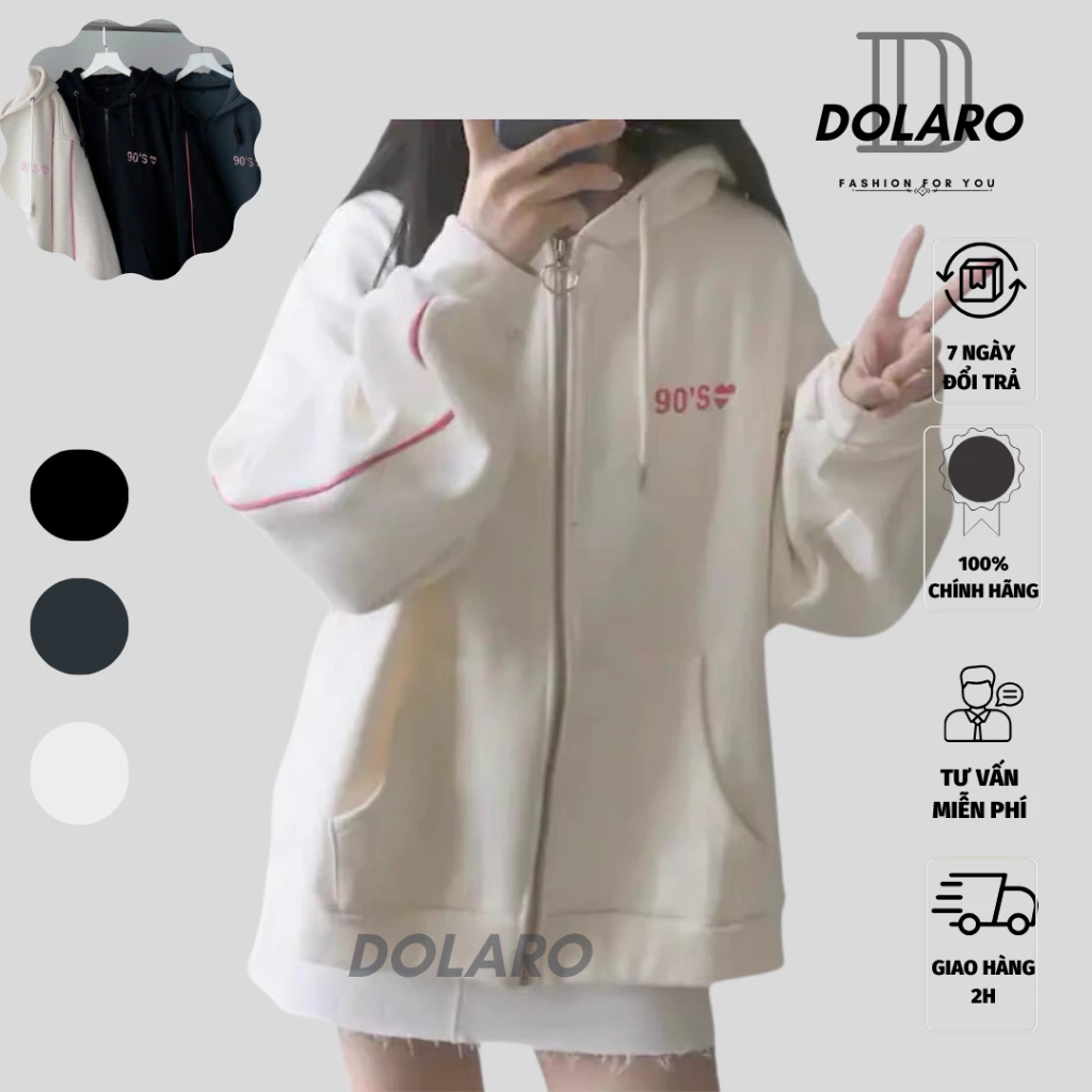 Áo khoác nỉ kéo unisex chính hãng DOLARO chất nỉ dày, áo khoác che nắng có kèm nón khoá kéo thêu chữ