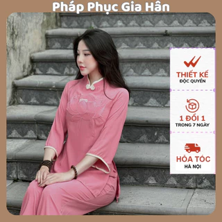 Pháp phục đi chùa-Bộ lam đi chùa-Set Thêu sen cúc tàu lụa Nhật thanh lịch