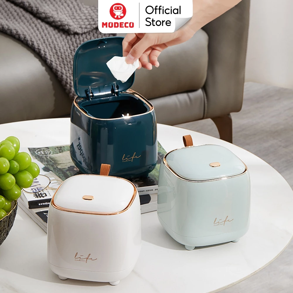 Thùng Rác Mini Để Bàn Có Nắp Modeco - Chất Liệu Nhựa Abs Cao Cấp, Combo 5 Túi Đựng rác Loại Dùng cho Thùng Rác Mini