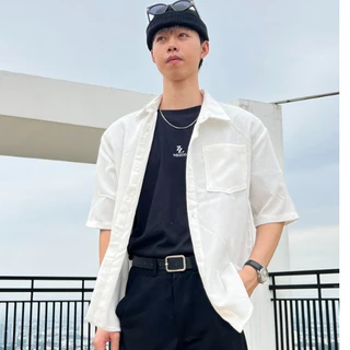 Áo Khoác Sơ Mi Nhung Tăm Cộc Tay Phối Túi Trước unisex Form Rộng Đẹp zoozoo ulzzang