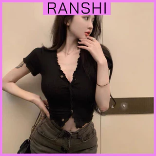 Áo Croptop Tay Ngắn RANSHI Thiết Kế Cổ Chữ V Khoét Sâu Quyến Rũ Crt Khuy Bấm Phối Chi Tiết Bèo Nhún - RA141