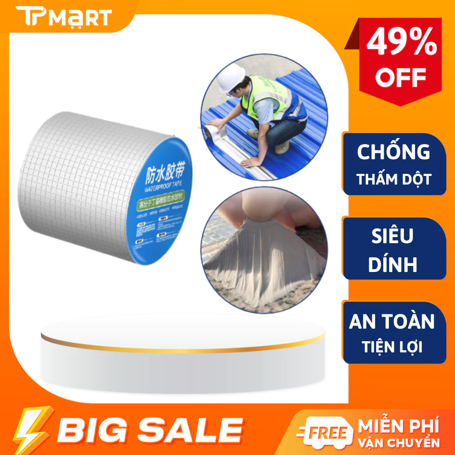 Băng keo chống thấm chắc chắn, chống thấm dột, dán tường, dán mái tôn kích thước 5x5 và 5x10m