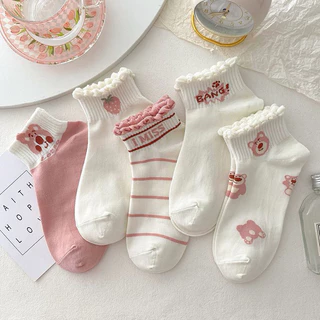 Tất Vớ Nữ cổ ngắn Gấu Dâu Lotso chất liệu cotton co giãn bốn  chiều phong cách Hàn Quốc