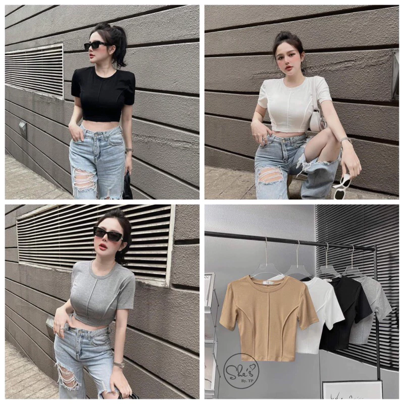 Áo croptop Cổ tròn thân trước có 3 đường nổi áo xinh TTk91