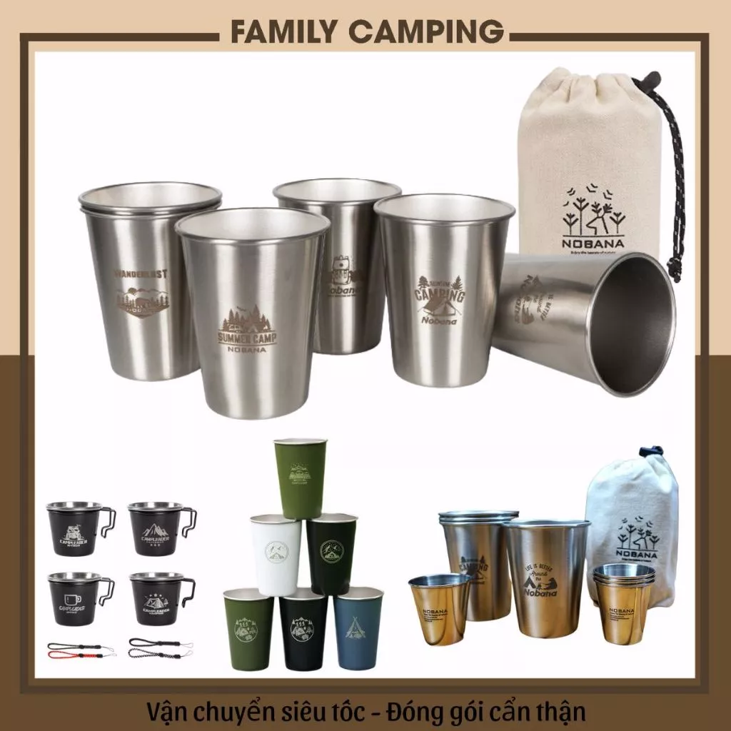 Bộ cốc inox xếp gọn có túi đựng nhiều kích thước dùng đi cắm trại, dã ngoại, trong nhà, văn phòng