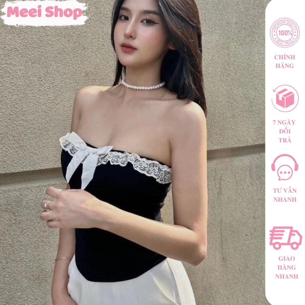 Áo cúp ngực phối ren cột nơ nữ Meei Shop, Áo kiểu ống nữ có mút ngực chất borip ôm body tôn dáng (kèm hình thật) -A122-