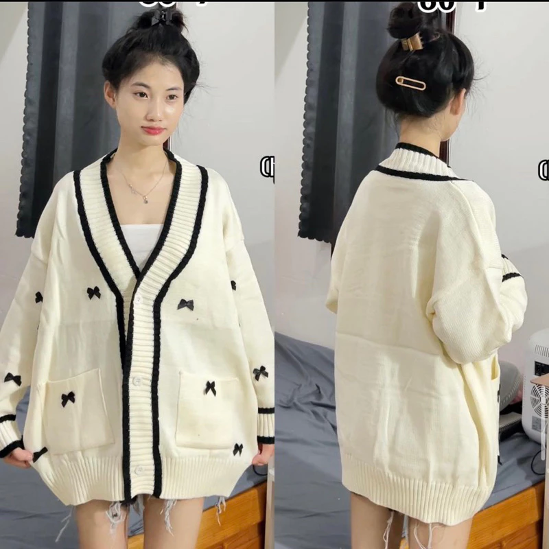 [ ẢNH THẬT ] ÁO CARDIGAN TRẮNG VIỀN NƠ ĐEN CHẤT LEN DỆT KIM FORM OVERSIZE