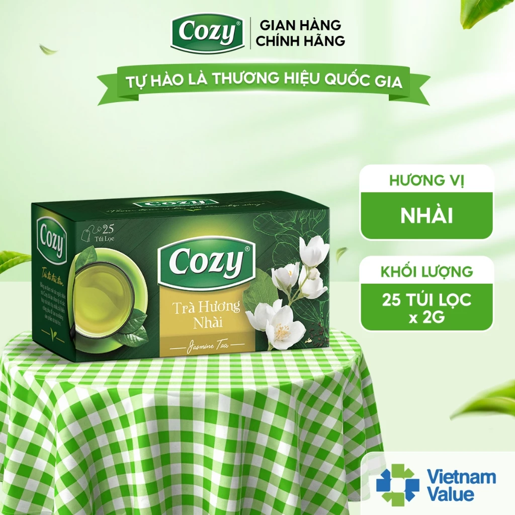 Trà Xanh Hương Nhài Túi Lọc Cozy Hương Vị Thơm Mát Thanh Nhẹ Hỗ Trợ Giải Nhiệt Thanh Lọc Cơ Thể (25 túi lọc x 2gr)