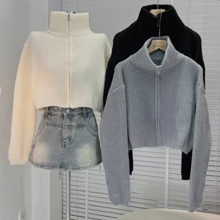 [KC4483] Áo khoác cardigan len trơn croptop cổ cao khóa kéo form rộng (Có sẵn)