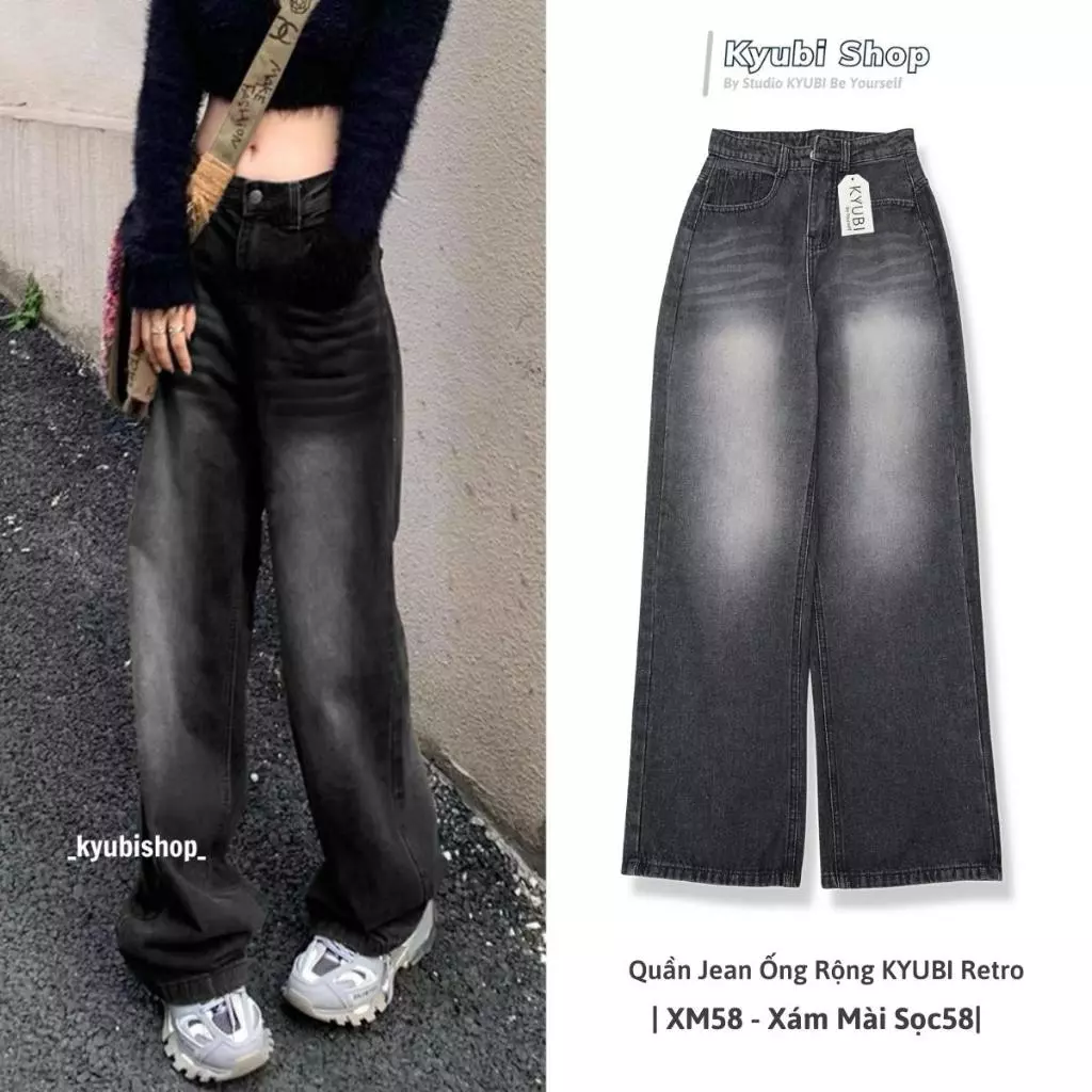 Quần jean nữ ống suông xám khói loang phong cách Streetyle (Có Bigsize) - Baggy Jeans ống rộng Kyubi TDY58