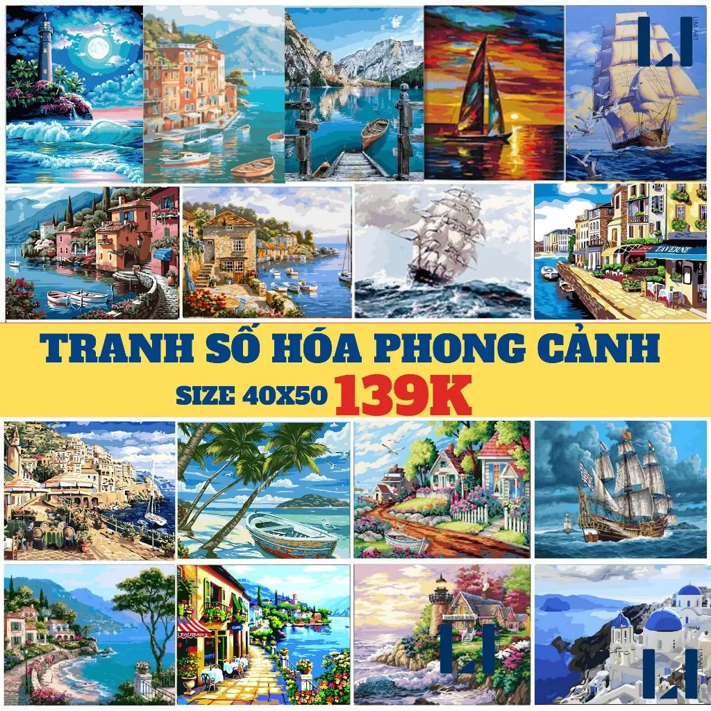 Tranh sơn dầu số hoá có khung LIM Art - Tranh tô màu theo số phong cảnh biển