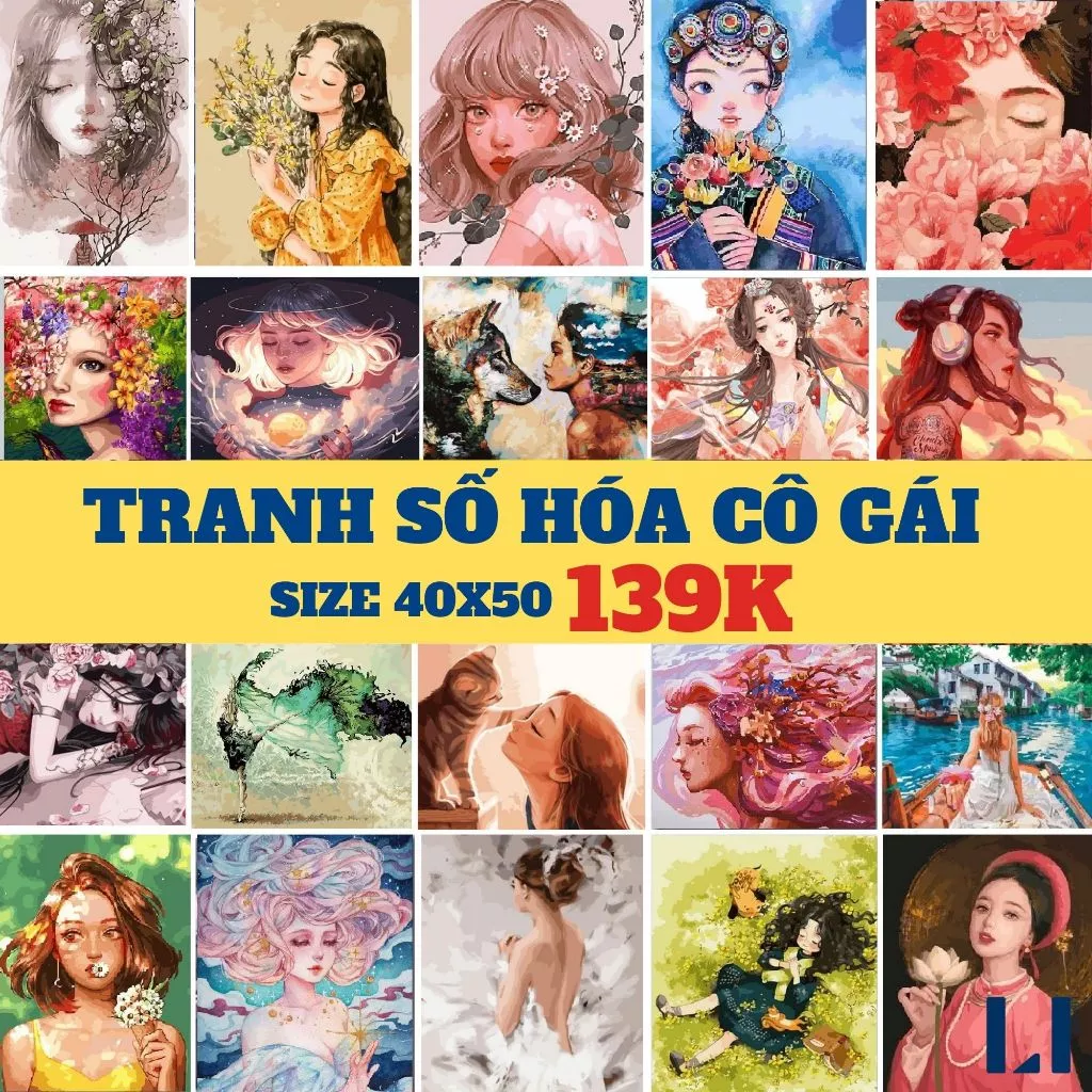 Tranh tô màu theo số cô gái, nàng thơ - Tranh sơn dầu số hoá có khung LIM Art