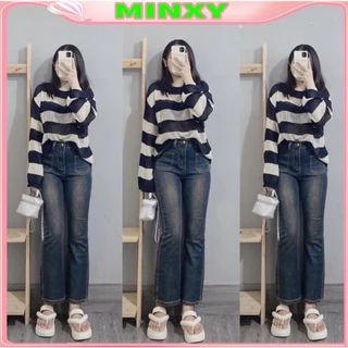 Quần jean ống đứng suông màu xanh cho nữ,chất bò co giãn hack dáng-Minxy shop