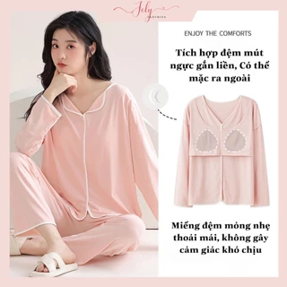 [Nhiều mẫu] Bộ Pijama nữ dài tay, bộ mặc nhà Cotton Modal co giãn 4 chiều, tích hợp đệm ngực mềm mại, thoải mái