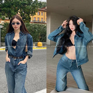 (SẴN) TKLIHN Set JEANS ulzzang Cá tính Áo khoác JEANS croptop + Set nữ quần dài Jean Hot Trend 2023 HOT TIKTOKEr Ly Phạm