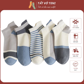 Tất vớ nam nữ unisex cổ ngắn chất liệu cotton phối màu xanh trắng xám basic phong cách Hàn Quốc - TENI - Mã TL078