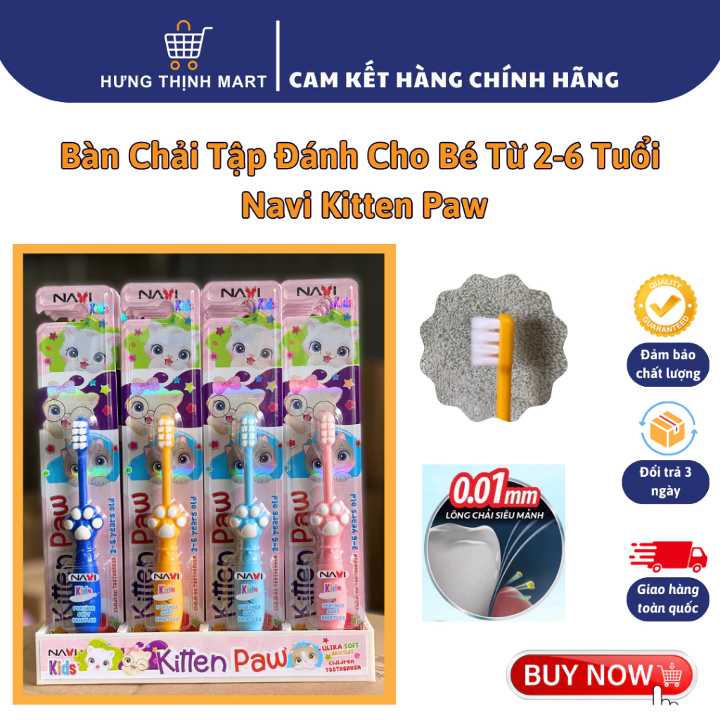 Bàn Chải Đánh Răng Cho Bé từ 2-6 Tuổi Navi Kitten Paw, Lông Mềm Mượt