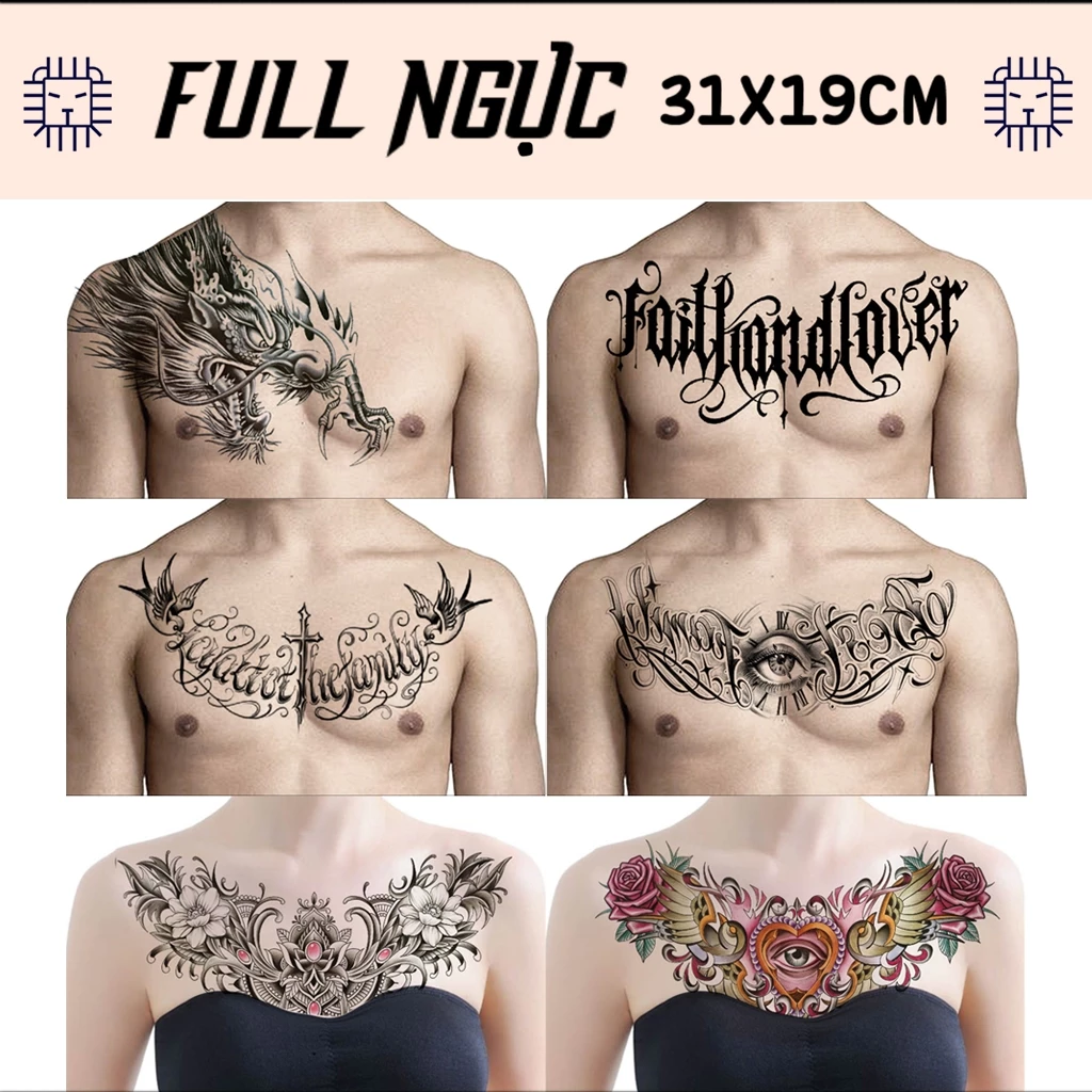 Hình Xăm Dán Full Ngực Nam Nữ, Phật, Dòng Chữ, Đầu Rồng Chụp Ảnh, Đóng Phim, Dễ Dàng Tẩy Xóa - Dùng 2-5 Ngày (31x19cm)
