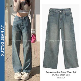 Quần Jean Ống Rộng Nữ Màu Xanh Wash Bụi Lưng Cao Phong Cách Retro Ulzzang Hàn Quốc 317