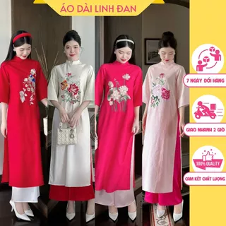 Áo dài nữ dáng suông chất vải linen họa tiết thêu 3D nổi cao cấp - Áo dài Linh Đan