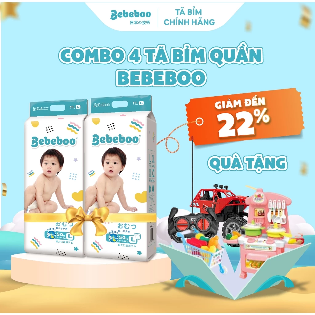 [4 Bịch + Chọn Quà] Combo 4 Bịch Tã Quần BEBEBOO Nhật Bản, Siêu Mềm Mịn, Thấm Hút Và Chống Tràn Vượt Trội, Có Đủ Size