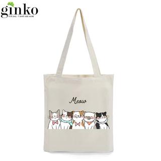 Túi Tote GINKO Vải Canvas có dây kéo khóa (có túi con) in hình họa tiết Mèo Cute HT39