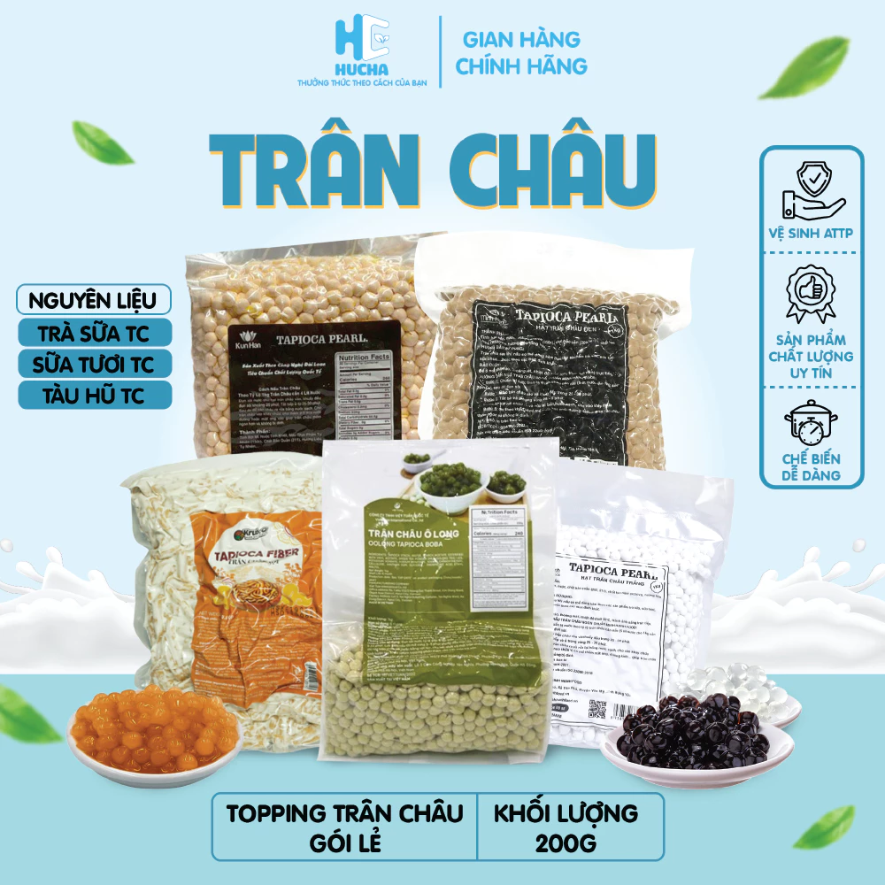 Trân châu đen hoàng kim sợi trắng olong gói 200g siêu dẻo dai thơm ngon ăn kèm trà sữa-Nguyên liệu Hucha