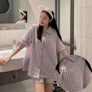 Bộ đùi Pijama kẻ xốp cổ phong cách hàn quốc