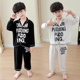 Pijama lụa dài tay in chữ cho bé từ 6-28Kg, Bộ đồ ngủ dài tay cho bé trai và bé gái mặc đều xinh - BE KOREA