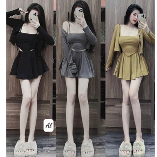 Sét đầm váy nữ áo hai dây tà nhọn mix chân váy ngắn kèm áo khoác croptop ngoài siêu cute dành cho các nàng mặc nhà xinh.