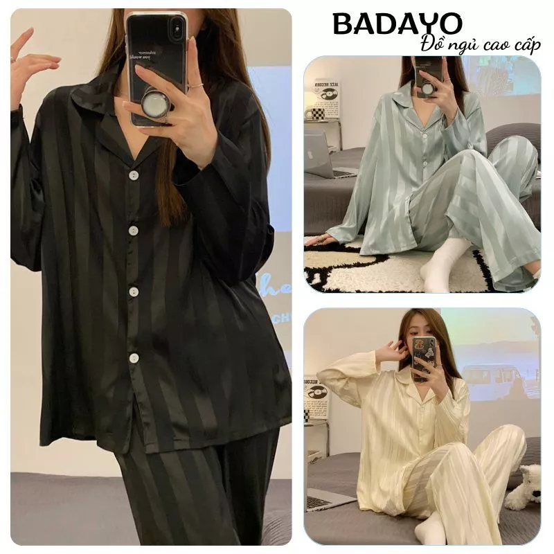 Đồ ngủ nữ pijama lụa dài tay, đồ bộ mặc nhà họa tiết sọc phong cách hàn quốc nhẹ nhàng sang trọng BADAYO