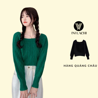 Áo len nữ dài tay cổ vuông INFLACHI tay phồng dáng ngắn croptop len vặn thừng phong cách công sở M229 G-1