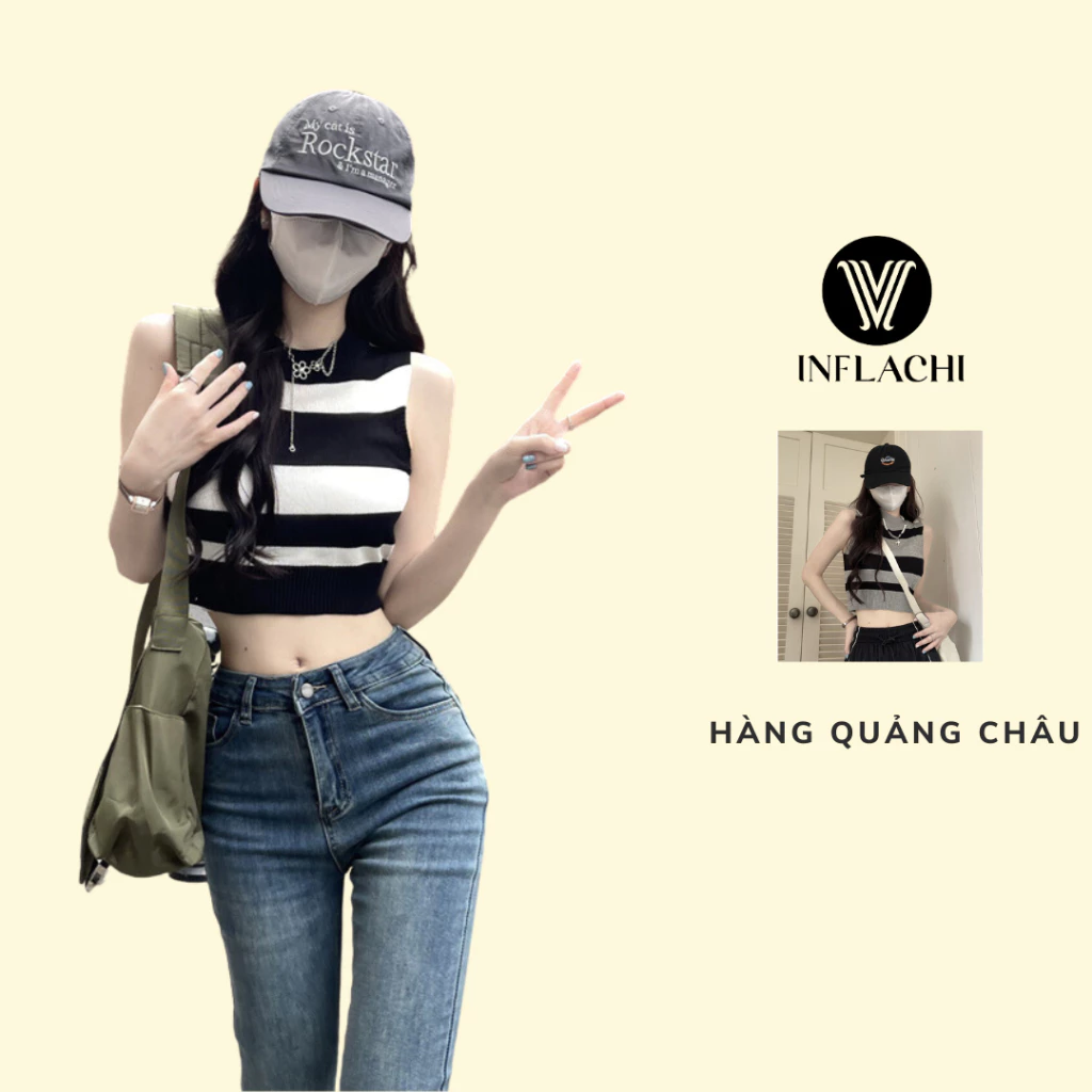 Áo croptop dệt kim ngắn tay INFLACHI dáng ngắn ôm body áo không tay họa tiết kẻ sọc ngang M21 C2-13