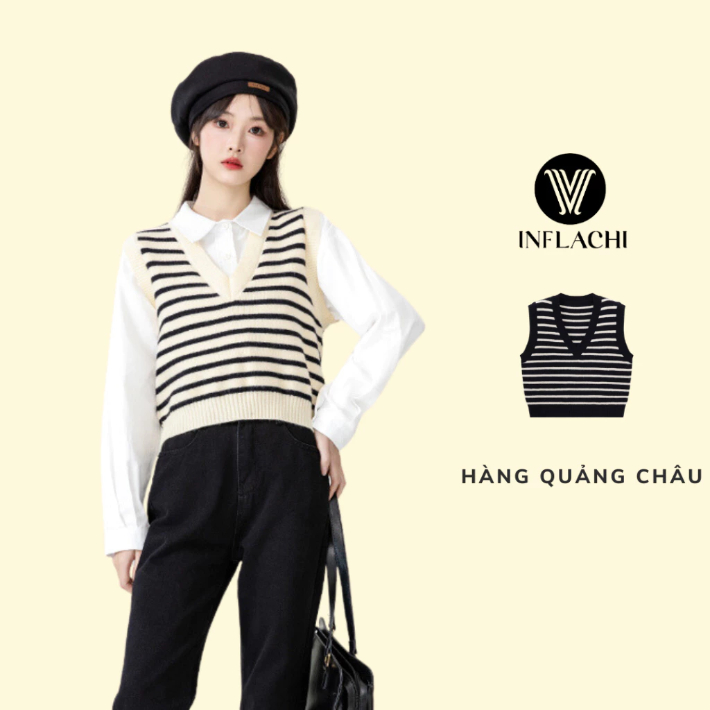 Áo gile cho nữ không tay INFLACHI cổ V chất co dãn dáng ngắn croptop ôm body họa tiết kẻ sọc M40 D2-3.2