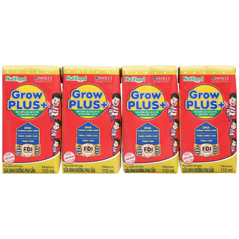 Lốc 4 hộp sữa dinh dưỡng pha sẵn NutiFood Grow Plus+ vani 110ml