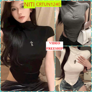 [CRTUN1240]ÁO CROPTOP KIỂU LỬNG NỮ CỔ TRỤ NGẮN TAY CHỮ THẬP LAI BẦU MÀU TRẮNG ĐEN XÁM SIÊU CÁ TÍNH DỄ PHỐI ĐỒ