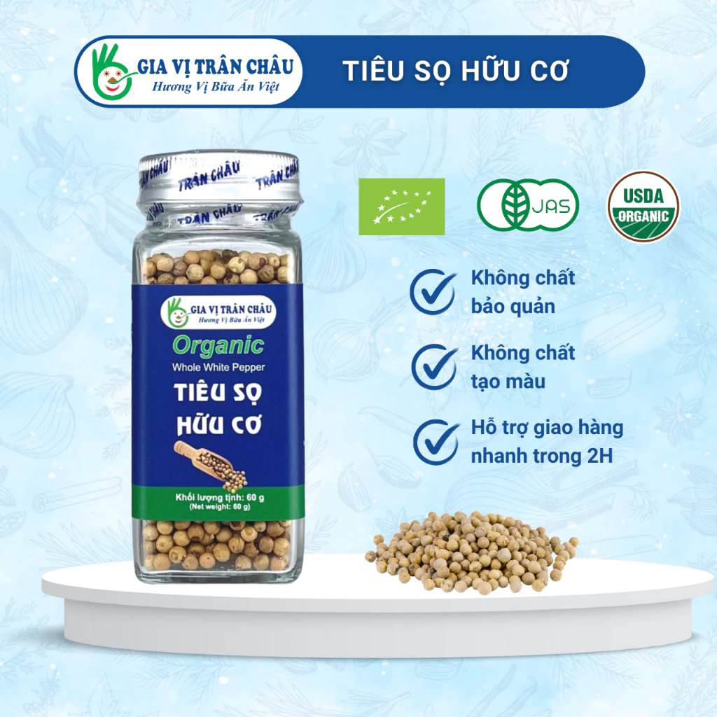 Tiêu sọ hữu cơ Trân Châu hũ 60g| dạng nguyên hạt, 100% từ tự nhiên, không tẩy rửa, đạt chứng chỉ xuất khẩu quốc tế