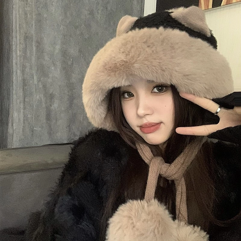 Mũ Tai Thỏ Lông Cừu Ấm Áp Mũ Trùm Đầu Nữ Tính Dễ Thương Chống Gió Giữ Nhiệt Cho Mùa Đông Đi Học Đi Chơi