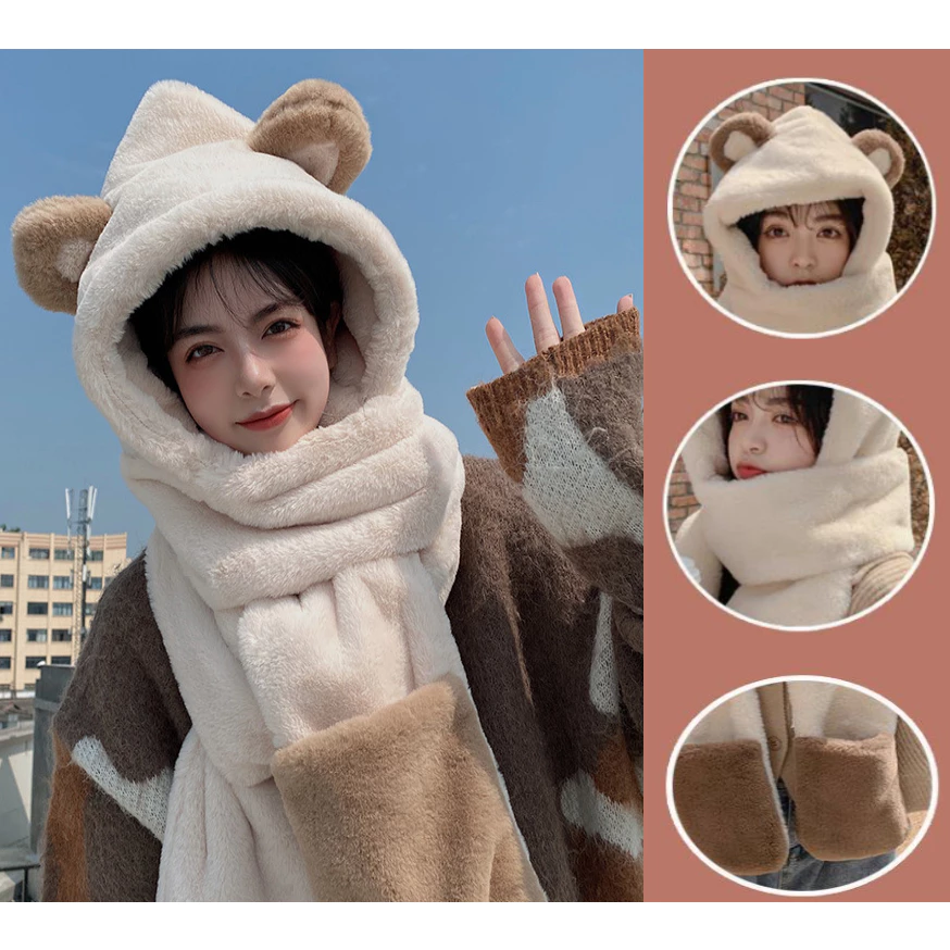 Bộ 3 Món Phụ Kiện Mùa Đông Mũ Len Khăn Choàng Găng Tay Lông Mềm Ấm Áp Phong Cách Hàn Quốc Dễ Thương Cho Nữ