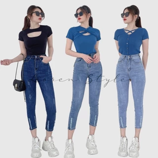 Quần jean nữ skinny LOREN cao cấp co giãn lửng wash lai B51050