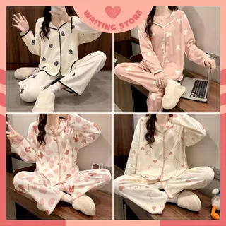 Bộ ngủ mặc nhà, đồ bộ nữ pijama dài tay vải thun cotton cổ V viền sóng DDCP08