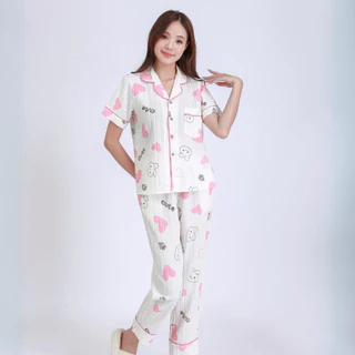 Đồ Ngủ Bộ Mặc Nhà Pyjama Nữ Hình Họa Tiết Quần Dài Chất Vải Đũi Gân Mềm Nhẹ