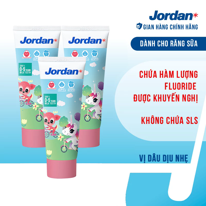 [Combo 3 tuýp] Kem đánh răng cho trẻ em 0-5 tuổi vị dâu Jordan Step 1 - 75g