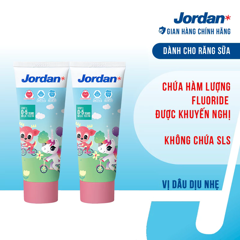 [Combo 2 tuýp] Kem đánh răng cho trẻ em 0-5 tuổi vị dâu Jordan Step 1 - 75g